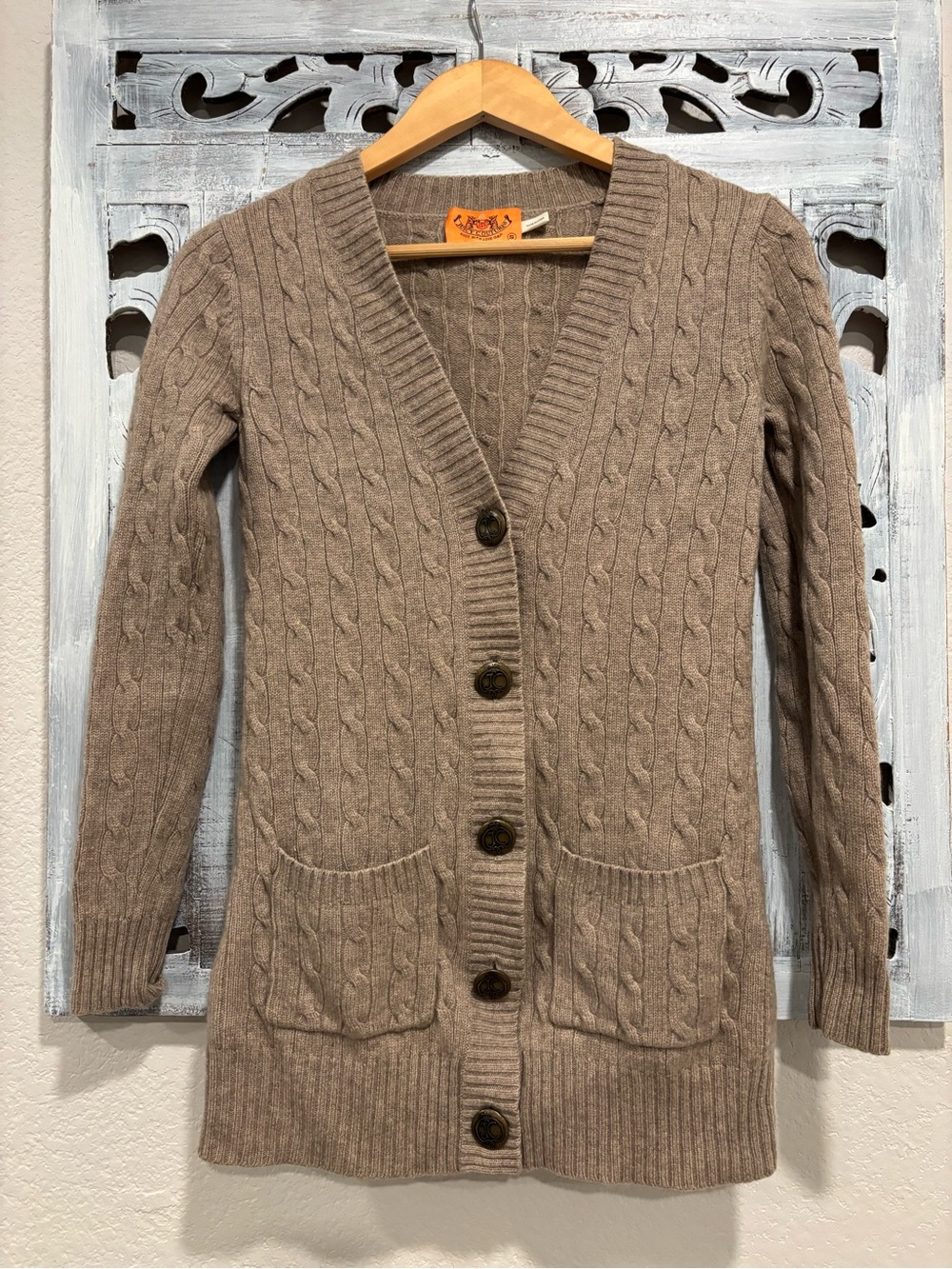 NEW Juicy Couture Tan Cashmere Wool Cable Knit Long Y2K Cardigan Sweater